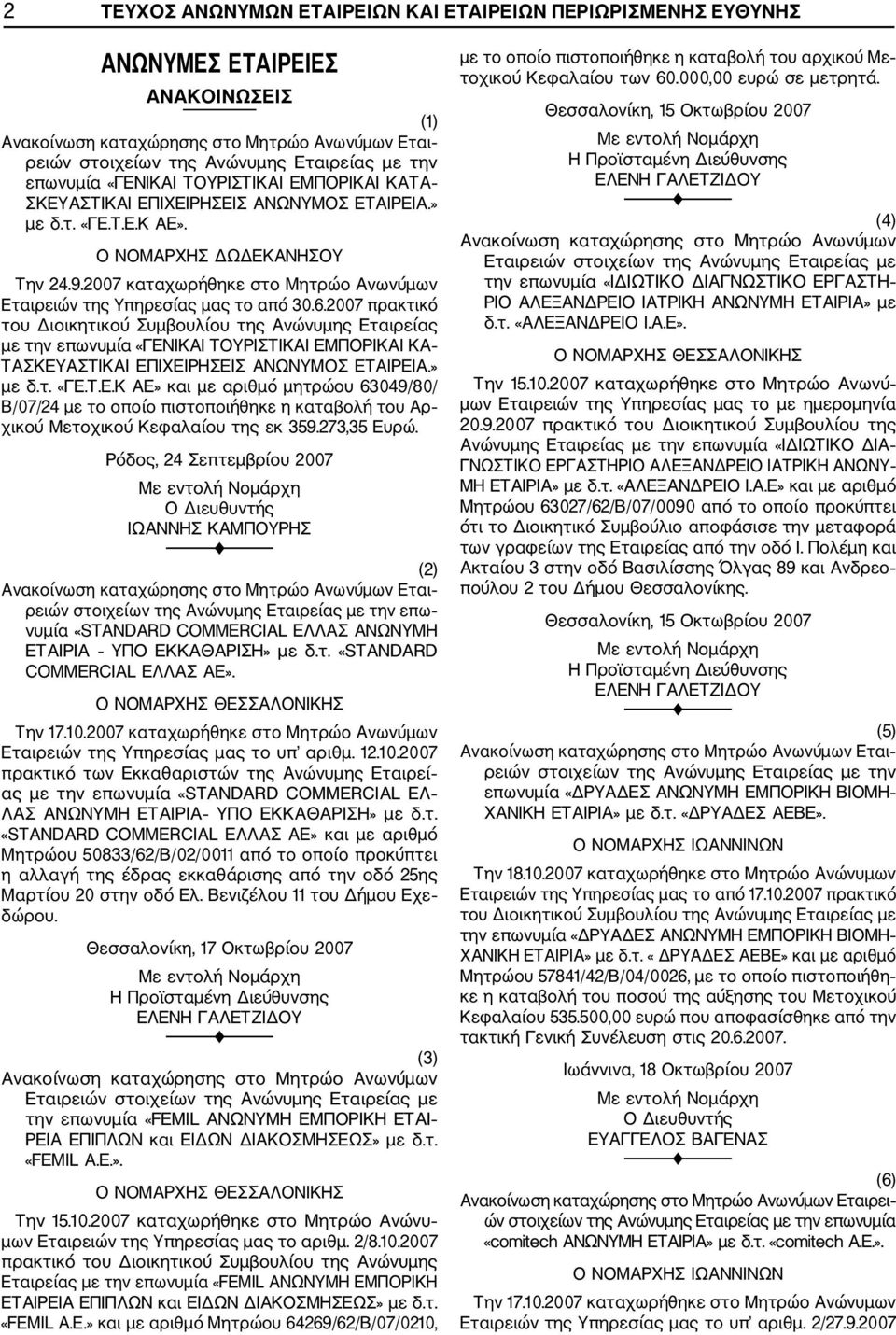 2007 πρακτικό του Διοικητικού Συμβουλίου της Ανώνυμης Εταιρείας με την επωνυμία «ΓΕΝΙΚΑΙ ΤΟΥΡΙΣΤΙΚΑΙ ΕΜΠΟΡΙΚΑΙ ΚΑ ΤΑΣΚΕΥΑΣΤΙΚΑΙ ΕΠΙΧΕΙΡΗΣΕΙΣ ΑΝΩΝΥΜΟΣ ΕΤΑΙΡΕΙΑ.» με δ.τ. «ΓΕ.Τ.Ε.Κ ΑΕ» και με αριθμό μητρώου 63049/80/ Β/07/24 με το οποίο πιστοποιήθηκε η καταβολή του Αρ χικού Μετοχικού Κεφαλαίου της εκ 359.