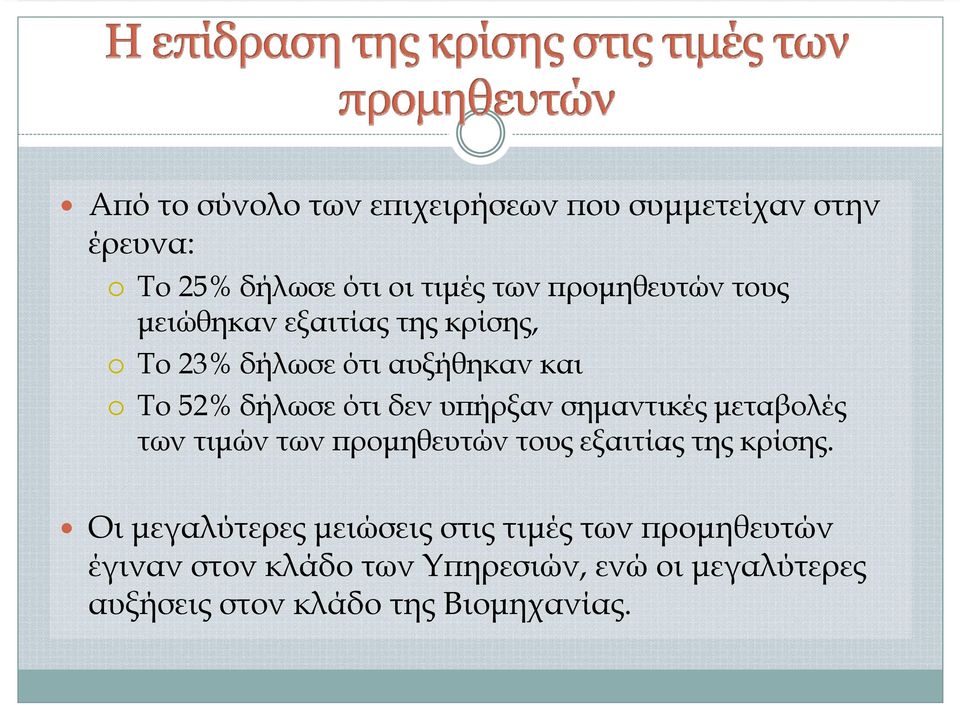 σημαντικές μεταβολές των τιμών των προμηθευτών τους εξαιτίας της κρίσης.