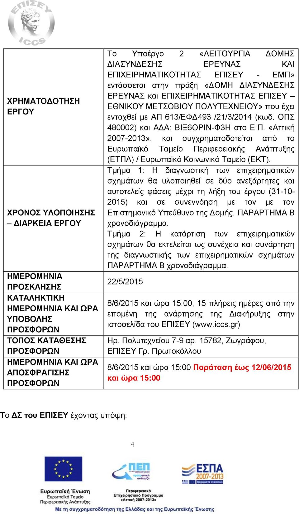 που έχει ενταχθεί με ΑΠ 613/ΕΦΔ493 /21/3/2014 (κωδ. ΟΠΣ 480002) και ΑΔΑ: ΒΙΞ6ΟΡΙΝ-Φ3Η στο Ε.Π. «Αττική 2007-2013», και συγχρηματοδοτείται από το Ευρωπαϊκό Ταμείο Περιφερειακής Ανάπτυξης (ΕΤΠΑ) / Ευρωπαϊκό Κοινωνικό Ταμείο (ΕΚΤ).