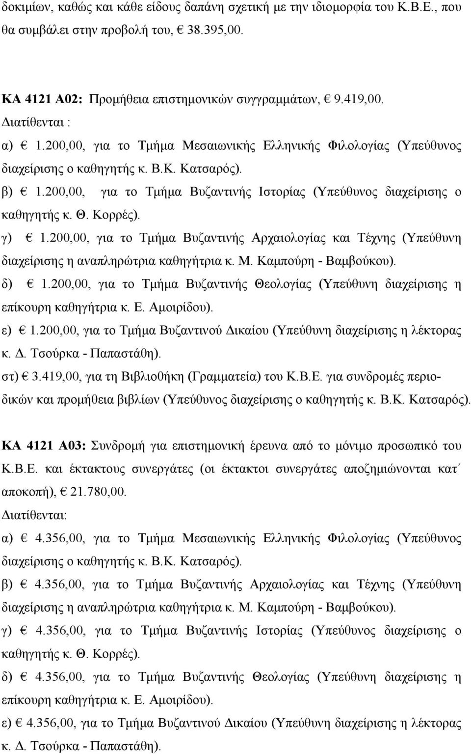 200,00, για το Τμήμα Βυζαντινής Ιστορίας (Υπεύθυνος διαχείρισης ο καθηγητής κ. Θ. Κορρές). γ) 1.