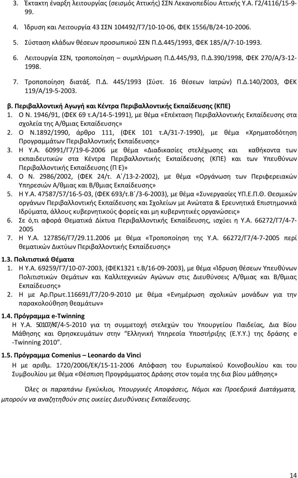 16 θέσεων Ιατρών) Π.Δ.140/2003, ΦΕΚ 119/Α/19-5-2003. β. Περιβαλλοντική Αγωγή και Κέντρα Περιβαλλοντικής Εκπαίδευσης (ΚΠΕ) 1. Ο Ν. 1946/91, (ΦΕΚ 69 τ.