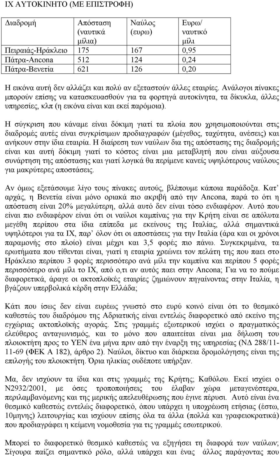 Η σύγκριση που κάναµε είναι δόκιµη γιατί τα πλοία που χρησιµοποιούνται στις διαδροµές αυτές είναι συγκρίσιµων προδιαγραφών (µέγεθος, ταχύτητα, ανέσεις) και ανήκουν στην ίδια εταιρία.