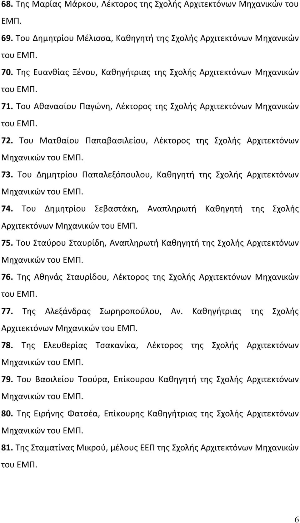 Του Ματθαίου Παπαβασιλείου, Λέκτορος της Σχολής Αρχιτεκτόνων 73. Του Δημητρίου Παπαλεξόπουλου, Καθηγητή της Σχολής Αρχιτεκτόνων 74.