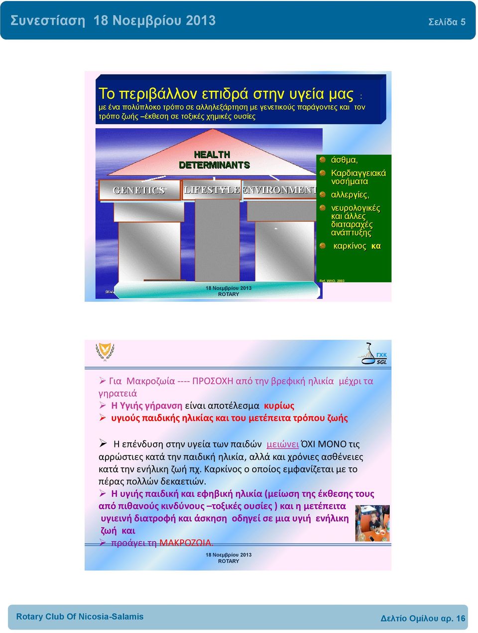 WHO, 2003 Για Μακροζωία ---- ΠΡΟΣΟΧΗ από την βρεφική ηλικία μέχρι τα γηρατειά Η Υγιής γήρανση είναι αποτέλεσμα κυρίως υγιούς παιδικής ηλικίας και του μετέπειτα τρόπου ζωής Η επένδυση στην υγεία των