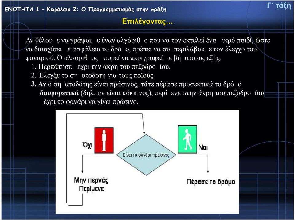 Περπάτησε μέχρι την άκρη του πεζοδρομίου. 2. Έλεγξε το σηματοδότη για τους πεζούς. 3.