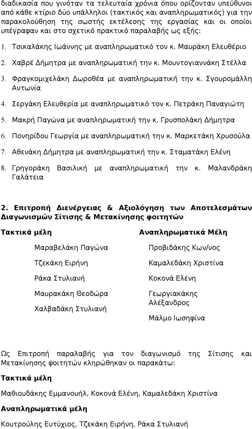 Φραγκομιχελάκη Δωροθέα με αναπληρωματική την κ. Σγουρομάλλη Αντωνία 4. Σεργάκη Ελευθερία με αναπληρωματικό τον κ. Πετράκη Παναγιώτη 5. Μακρή Παγώνα με αναπληρωματική την κ. Γρυσπολάκη Δήμητρα 6.