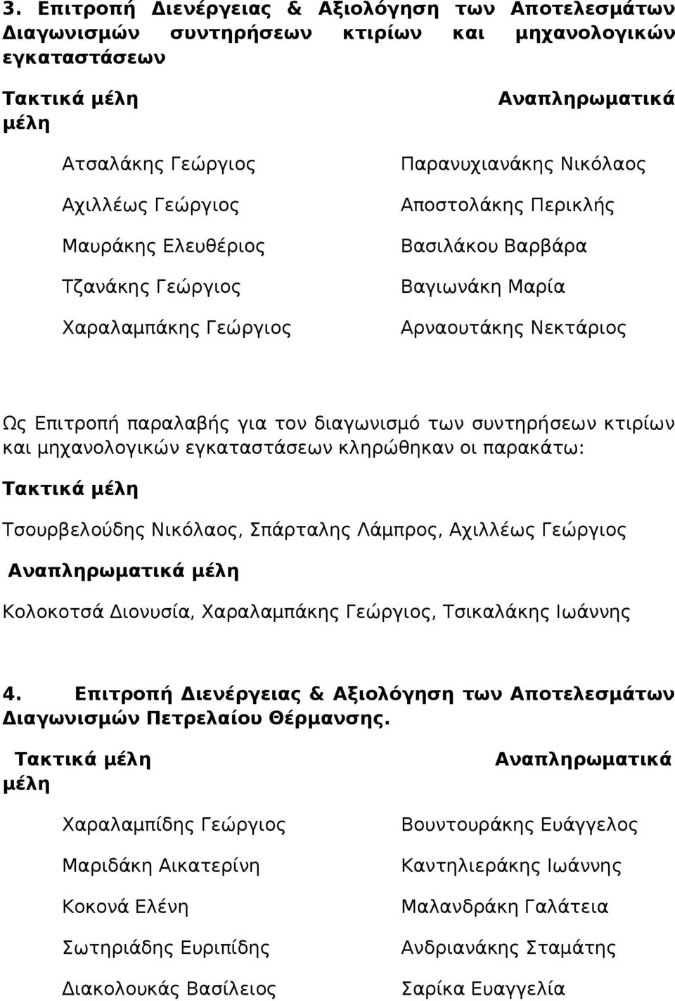 και μηχανολογικών εγκαταστάσεων Τσουρβελούδης Νικόλαος, Σπάρταλης Λάμπρος, Αχιλλέως Γεώργιος Κολοκοτσά Διονυσία, Χαραλαμπάκης Γεώργιος, Τσικαλάκης Ιωάννης 4.