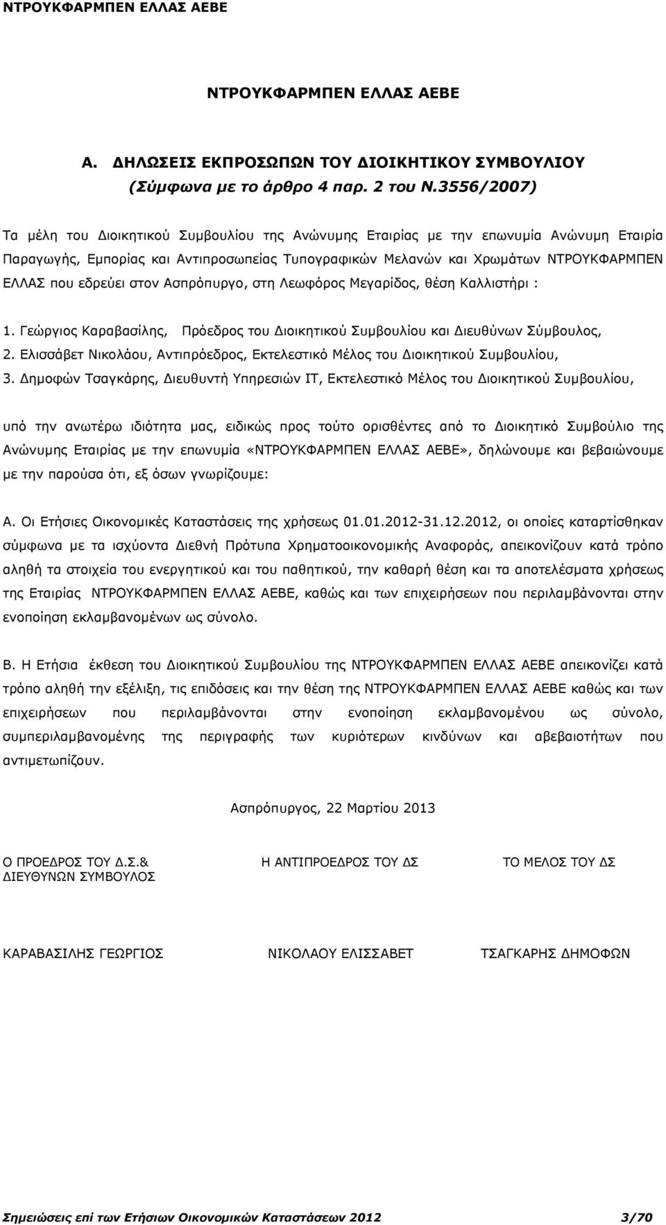 εδρεύει στον Ασπρόπυργο, στη Λεωφόρος Μεγαρίδος, θέση Καλλιστήρι : 1. Γεώργιος Καραβασίλης, Πρόεδρος του ιοικητικού Συµβουλίου και ιευθύνων Σύµβουλος, 2.