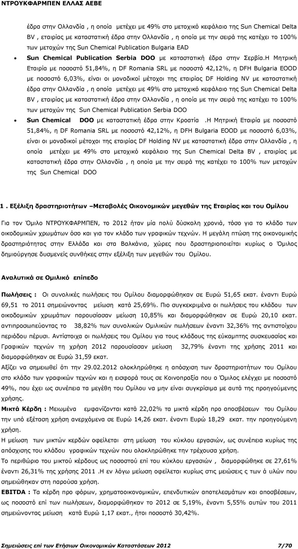 Η Μητρική Εταιρία µε ποσοστό 51,84%, η DF Romania SRL µε ποσοστό 42,12%, η DFH Bulgaria EOOD µε ποσοστό 6,03%, είναι οι µοναδικοί µέτοχοι της εταιρίας DF Holding NV µε καταστατική  Chemical