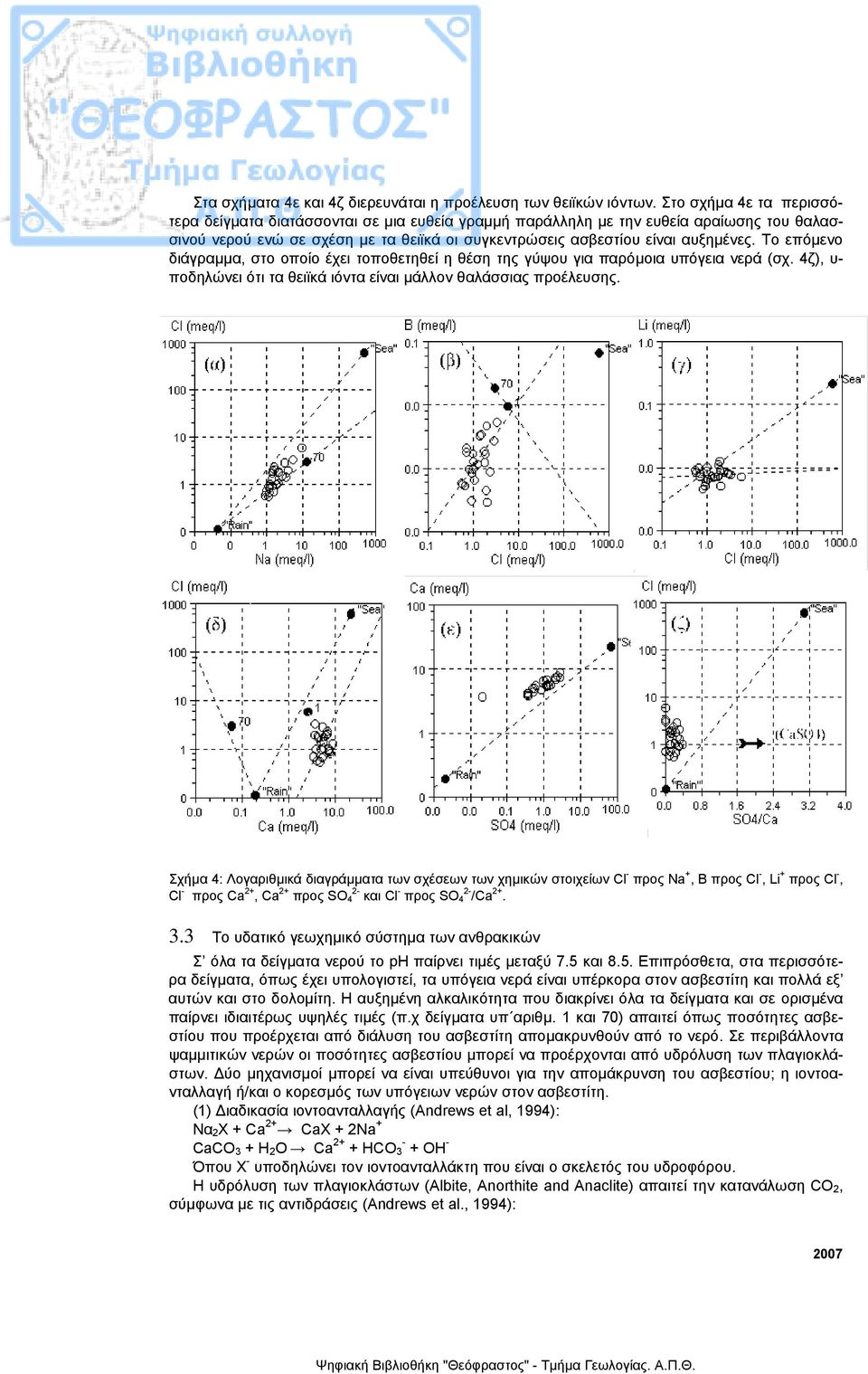 Το επόµενο διάγραµµα, στο οποίο έχει τοποθετηθεί η θέση της γύψου για παρόµοια υπόγεια νερά (σχ. 4ζ), υ- ποδηλώνει ότι τα θειϊκά ιόντα είναι µάλλον θαλάσσιας προέλευσης.
