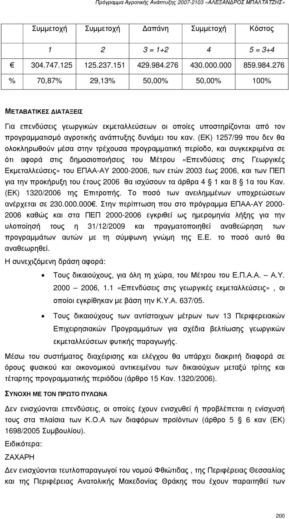 276 % 70,87% 29,13% 50,00% 50,00% 100% ΜΕΤΑΒΑΤΙΚΕΣ ΙΑΤΑΞΕΙΣ Για επενδύσεις γεωργικών εκµεταλλεύσεων οι οποίες υποστηρίζονται από τον προγραµµατισµό αγροτικής ανάπτυξης δυνάµει του καν.