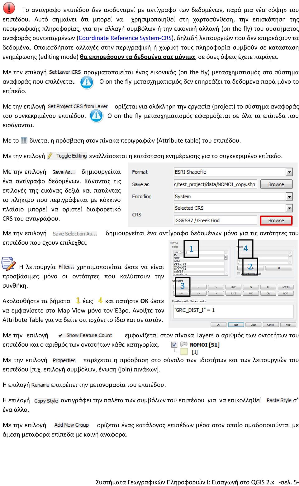 συντεταγμένων (Coordinate Reference System CRS), δηλαδή λειτουργιών που δεν επηρεάζουν τα δεδομένα.