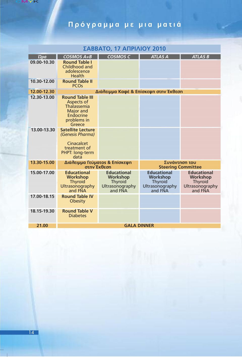 30 Satellite Lecture (Genesis Pharma) Cinacalcet treatment of PHPT: long-term data 3.30-5.00 ιάλειµµα Γεύµατος & Επίσκεψη στην Έκθεση 5.00-7.00 Educational Workshop Thyroid Ultrasonography and FNA 7.