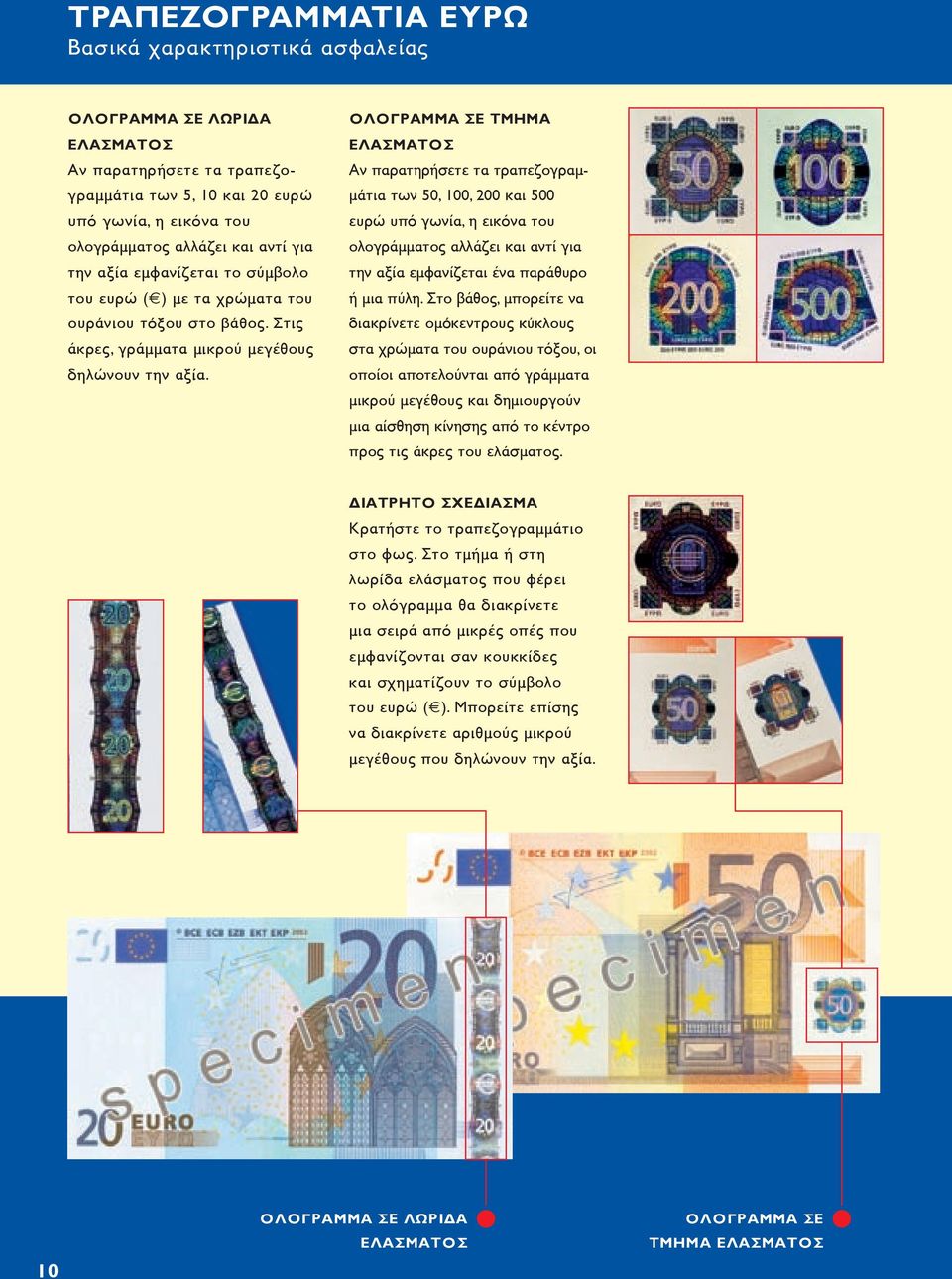 ΟΛΟΓΡΑΜΜΑ ΣΕ ΤΜΗΜΑ ΕΛΑΣΜΑΤΟΣ Αν παρατηρήσετε τα τραπεζογραμμάτια των 50, 100, 200 και 500 ευρώ υπό γωνία, η εικόνα του ολογράμματος αλλάζει και αντί για την αξία εμφανίζεται ένα παράθυρο ή μια πύλη.