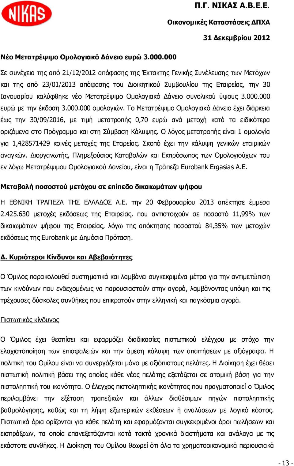 Μετατρέψιμο Ομολογιακό Δάνειο συνολικού ύψους 3.000.000 ευρώ με την έκδοση 3.000.000 ομολογιών.