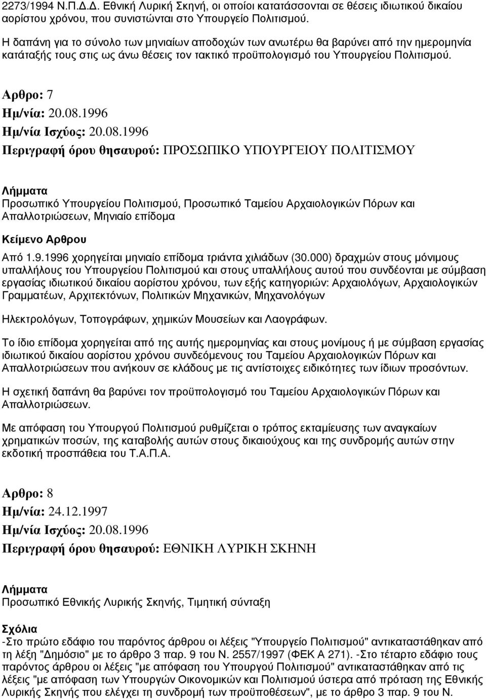 Αρθρο: 7 Περιγραφή όρου θησαυρού: ΠΡΟΣΩΠΙΚΟ ΥΠΟΥΡΓΕΙΟΥ ΠΟΛΙΤΙΣΜΟΥ Προσωπικό Υπουργείου Πολιτισμού, Προσωπικό Ταμείου Αρχαιολογικών Πόρων και Απαλλοτριώσεων, Μηνιαίο επίδομα Από 1.9.