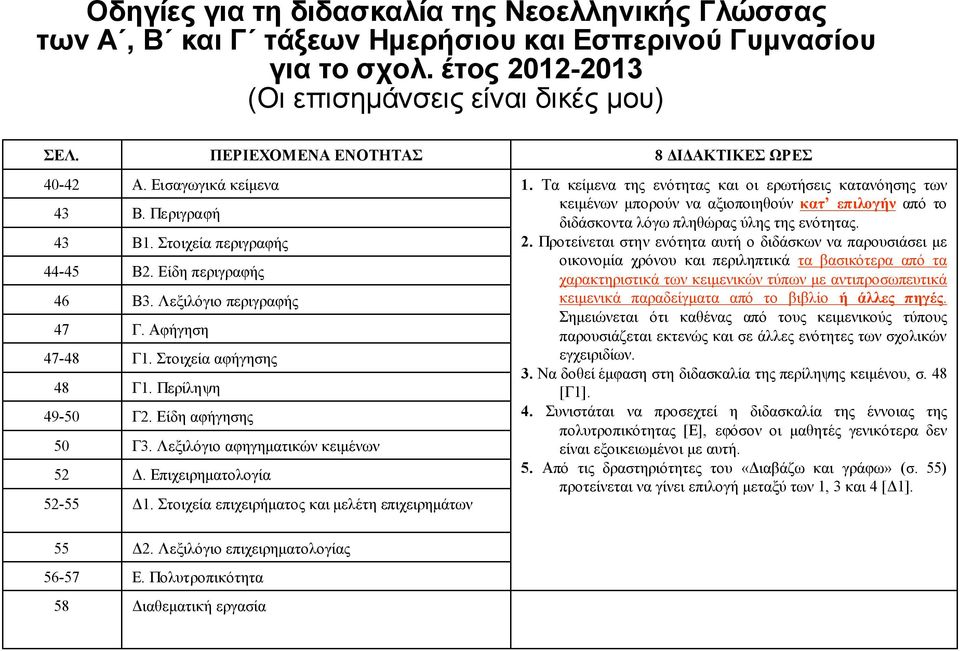 Στοιχεία αφήγησης Γ1. Περίληψη Γ2. Είδη αφήγησης Γ3. Λεξιλόγιο αφηγηματικών κειμένων Δ. Επιχειρηματολογία Δ1. Στοιχεία επιχειρήματος και μελέτη επιχειρημάτων 8 ΔΙΔΑΚΤΙΚΕΣ ΩΡΕΣ 1.