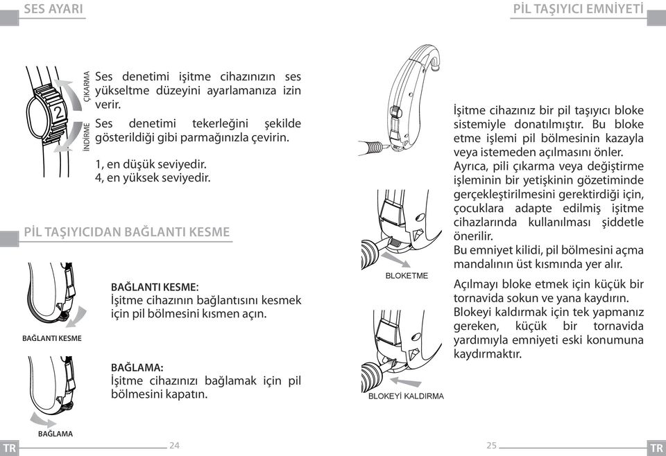 BAĞLANTI KESME: İşitme cihazının bağlantısını kesmek için pil bölmesini kısmen açın. BAĞLAMA: İşitme cihazınızı bağlamak için pil bölmesini kapatın.