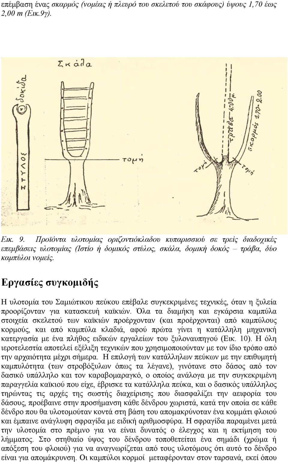 Εργασίες συγκοµιδής Η υλοτοµία του Σαµιώτικου πεύκου επέβαλε συγκεκριµένες τεχνικές, όταν η ξυλεία προορίζονταν για κατασκευή καϊκιών.