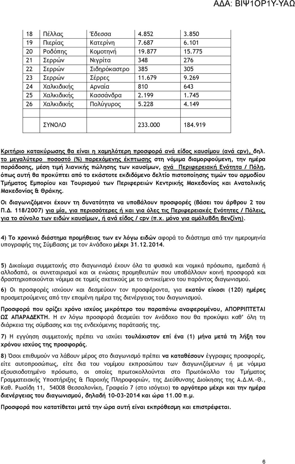 919 Κριτήριο κατακύρωσης θα είναι η χαμηλότερη προσφορά ανά είδος καυσίμου (ανά cpv), δηλ.