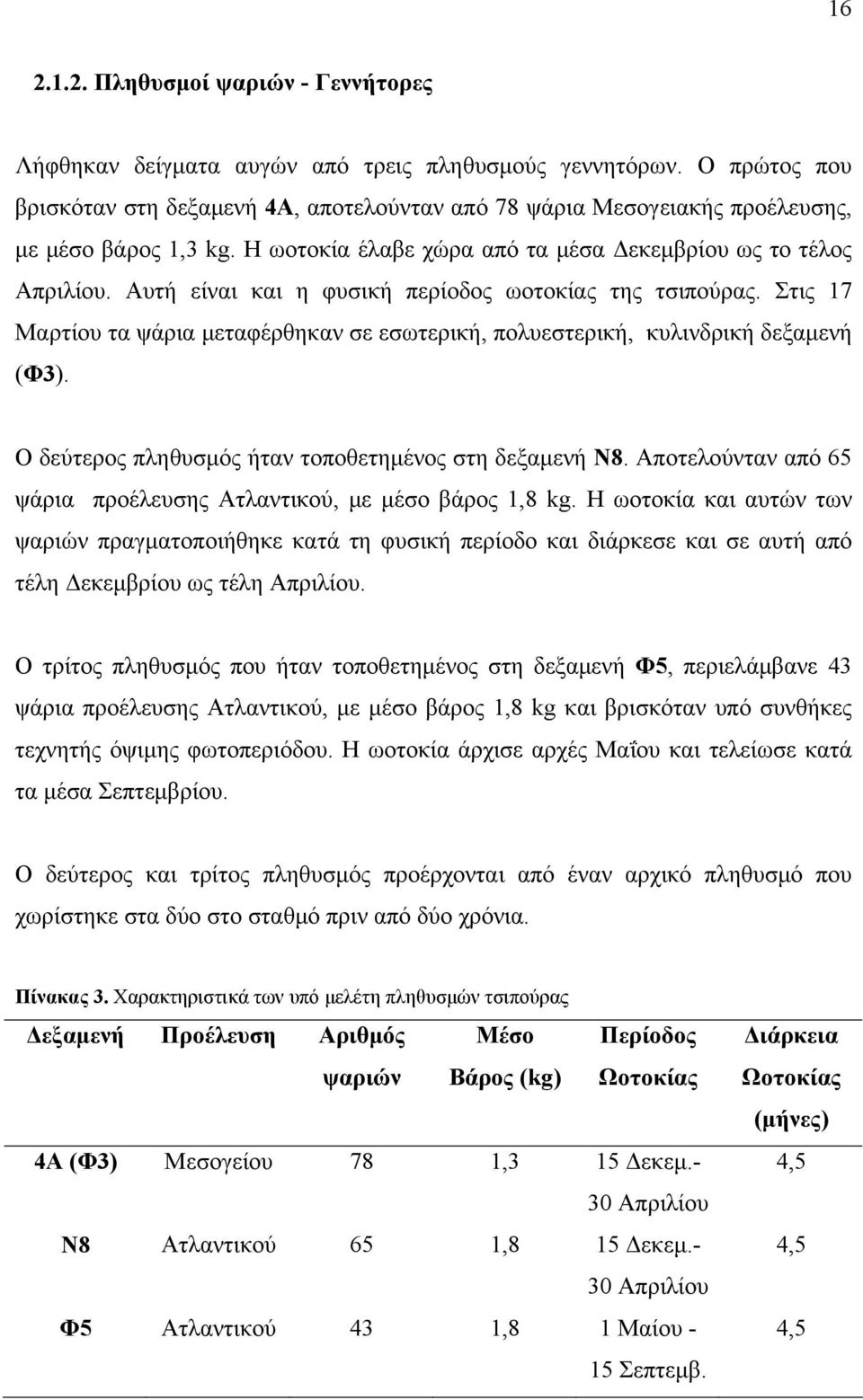 Αυτή είναι και η φυσική περίοδος ωοτοκίας της τσιπούρας. Στις 17 Μαρτίου τα ψάρια μεταφέρθηκαν σε εσωτερική, πολυεστερική, κυλινδρική δεξαμενή (Φ3).