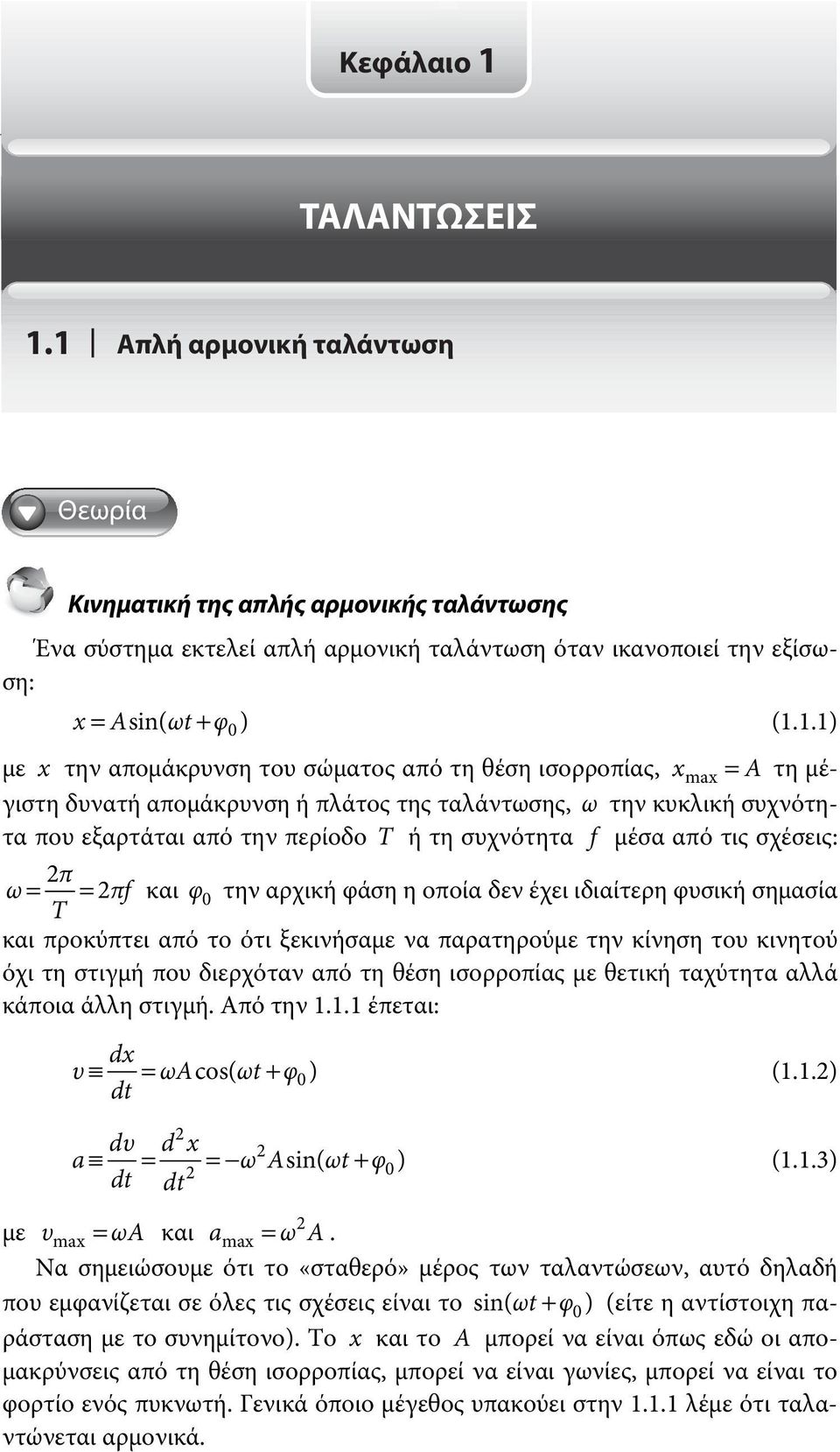 σώματος από τη θέση ισορροπίας, x max = A τη μέγιστη δυνατή απομάκρυνση ή πλάτος της ταλάντωσης, ω την κυκλική συχνότητα που εξαρτάται από την περίοδο T ή τη συχνότητα f μέσα από τις σχέσεις: π ω=