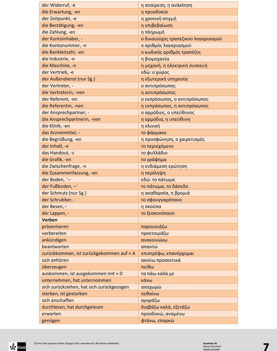 ) der Vertreter, - die Vertreterin, -nen der Referent, -en die Referentin, -nen der Ansprechpartner, - die Ansprechpartnerin, -nen die Klinik, -en das Arzneimittel, - die Begrüßung, -en der Inhalt,