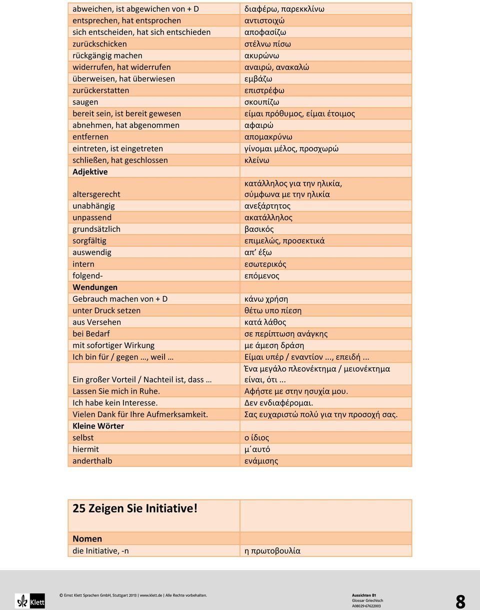 abgenommen αφαιρώ entfernen απομακρύνω eintreten, ist eingetreten γίνομαι μέλος, προσχωρώ schließen, hat geschlossen κλείνω Adjektive κατάλληλος για την ηλικία, altersgerecht σύμφωνα με την ηλικία