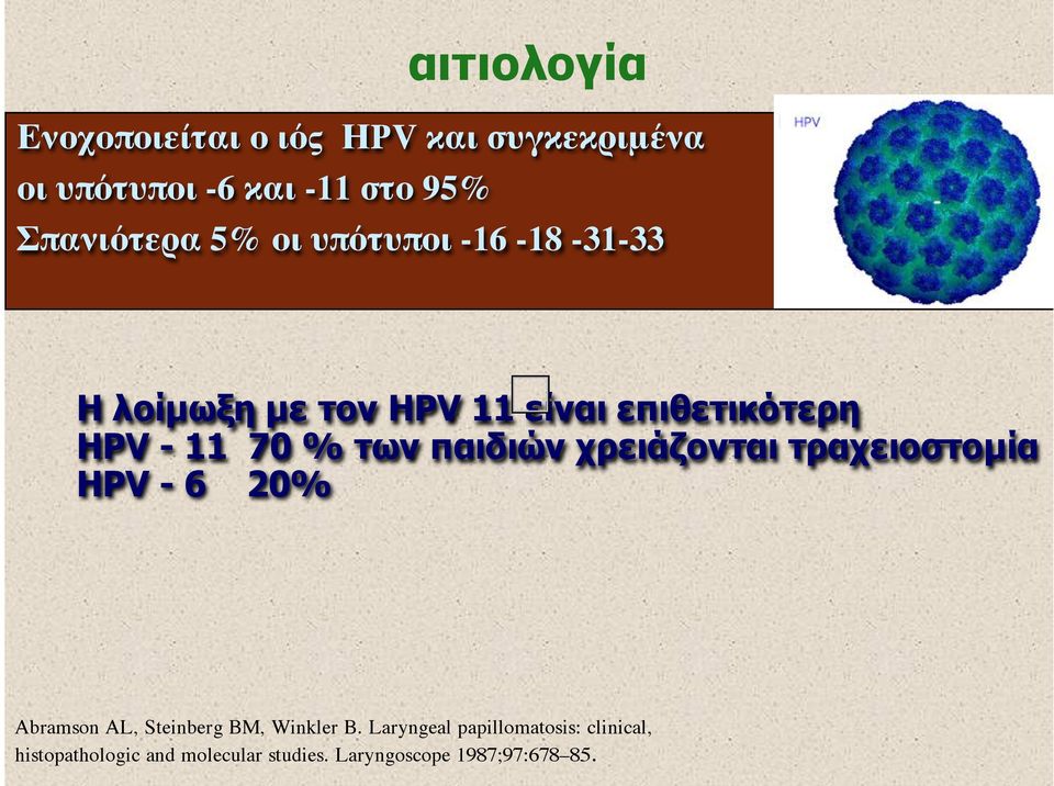 70 % των παιδιών χρειάζονται τραχειοστοµία ΗPV - 6 20% Abramson AL, Steinberg BM, Winkler B.