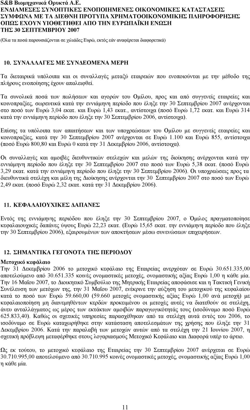 Ευρώ 3,04 εκατ. και Eυρώ 1,43 εκατ., αντίστοιχα (ποσό Ευρώ 1,72 εκατ. και Ευρώ 314 κατά την εννιάμηνη περίοδο που έληξε την 30 Σεπτεμβρίου 2006, αντίστοιχα).