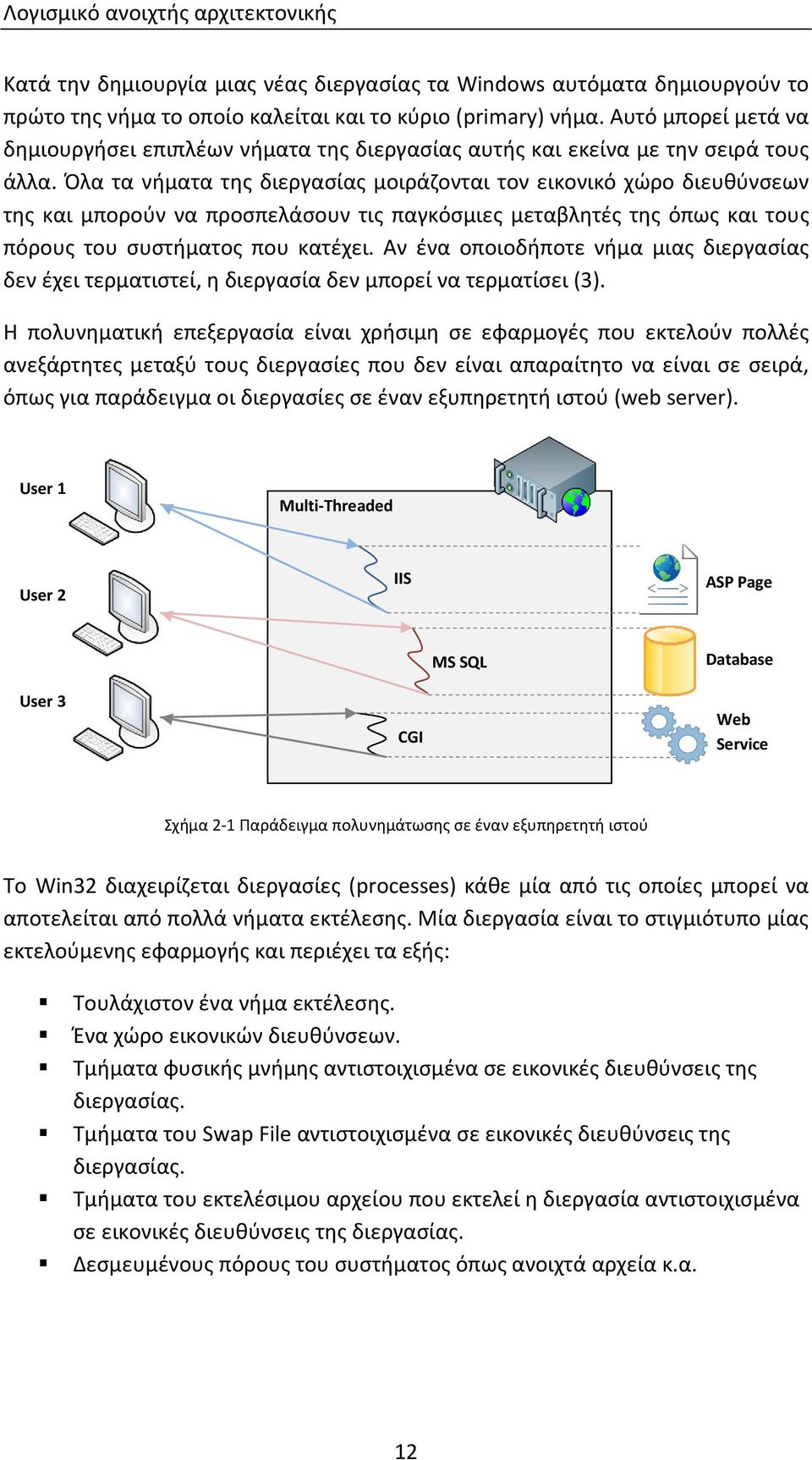 Όλα τα νήματα της διεργασίας μοιράζονται τον εικονικό χώρο διευθύνσεων της και μπορούν να προσπελάσουν τις παγκόσμιες μεταβλητές της όπως και τους πόρους του συστήματος που κατέχει.