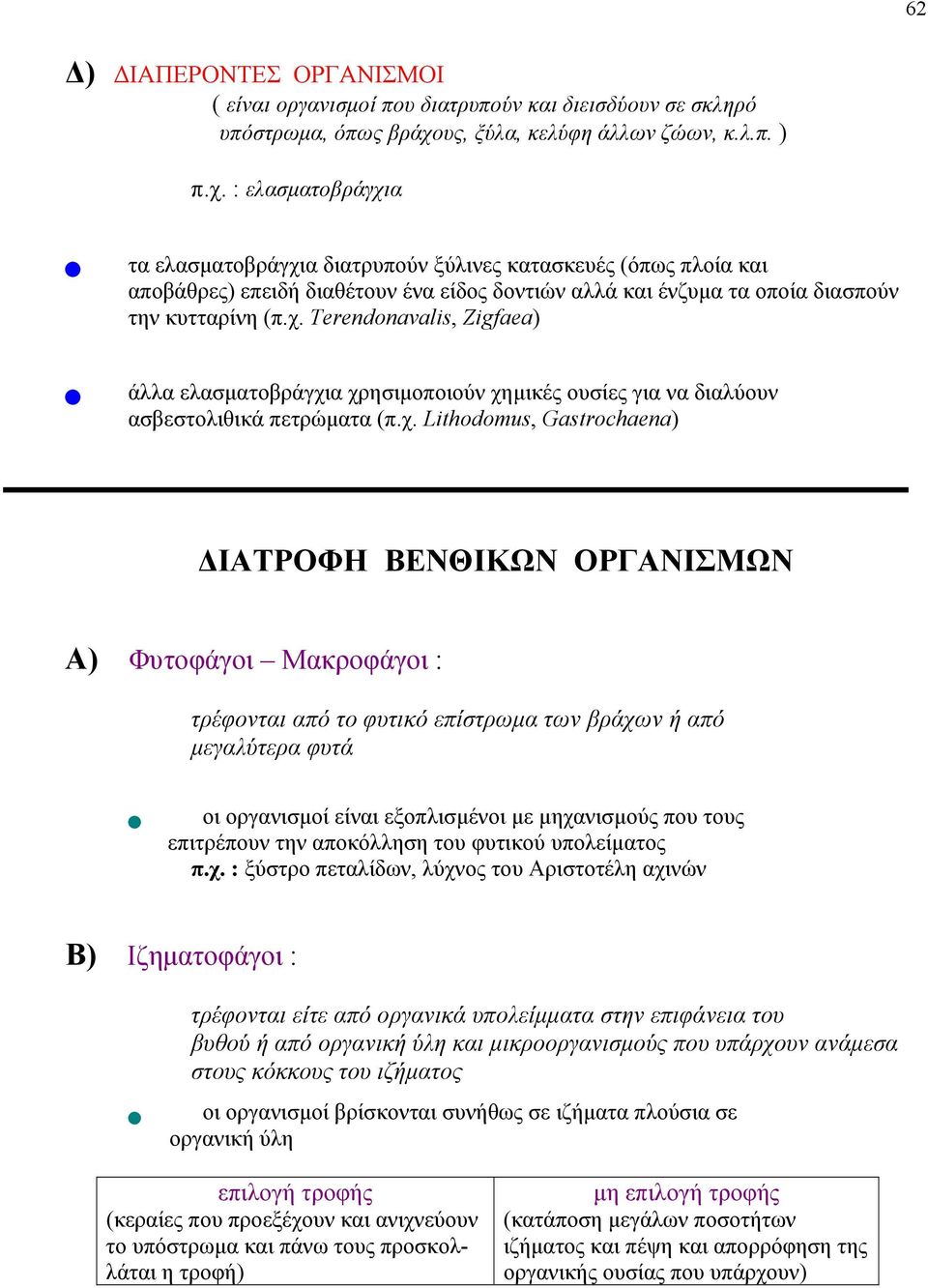 : ελασματοβράγχια τα ελασματοβράγχια διατρυπούν ξύλινες κατασκευές (όπως πλοία και αποβάθρες) επειδή διαθέτουν ένα είδος δοντιών αλλά και ένζυμα τα οποία διασπούν την κυτταρίνη (π.χ. Terendonavalis, Zigfaea) άλλα ελασματοβράγχια χρησιμοποιούν χημικές ουσίες για να διαλύουν ασβεστολιθικά πετρώματα (π.