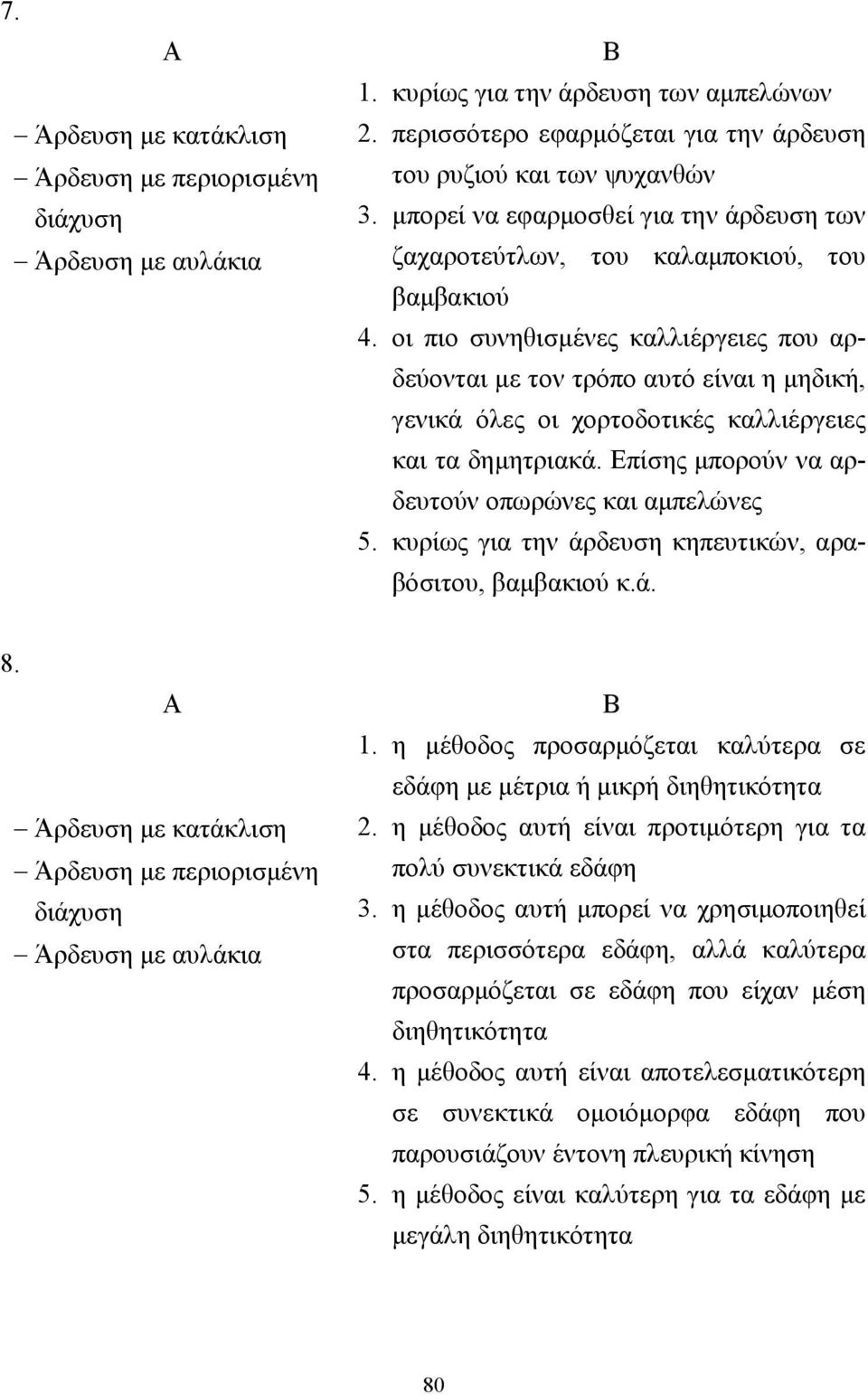 οι πιο συνηθισµένες καλλιέργειες που αρδεύονται µε τον τρόπο αυτό είναι η µηδική, γενικά όλες οι χορτοδοτικές καλλιέργειες και τα δηµητριακά. Επίσης µπορούν να αρδευτούν οπωρώνες και αµπελώνες 5.