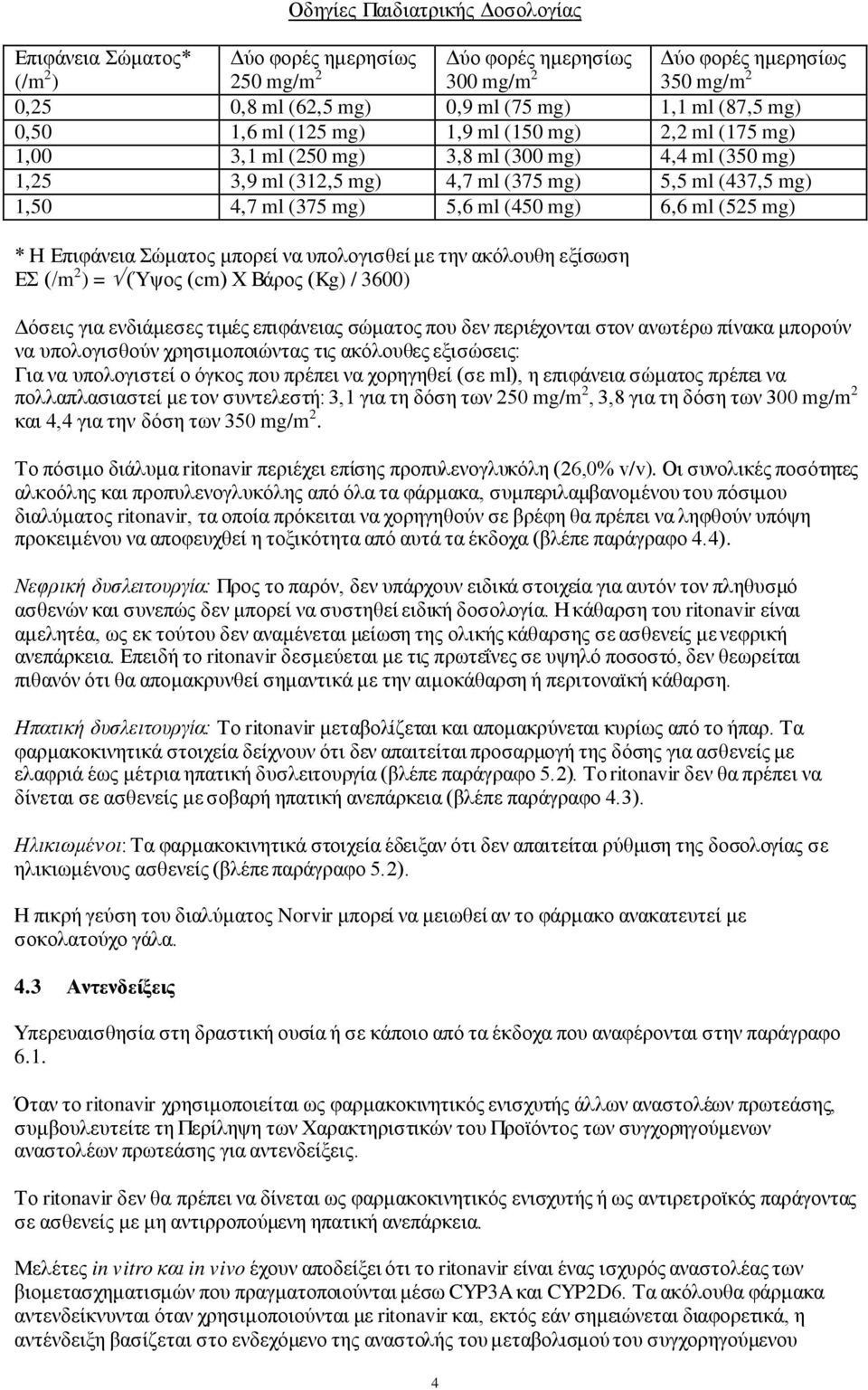 ml (450 mg) 6,6 ml (525 mg) * Η Επιφάνεια Σώματος μπορεί να υπολογισθεί με την ακόλουθη εξίσωση ΕΣ (/m 2 ) = (Ύψος (cm) Χ Βάρος (Kg) / 3600) Δόσεις για ενδιάμεσες τιμές επιφάνειας σώματος που δεν