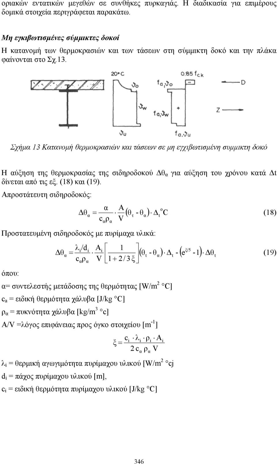 Σχήμα 13 Κατανομή θερμοκρασιών και τάσεων σε μη εγχιβωτισμένη συμμικτη δοκό Η αύξηση της θερμοκρασίας της σιδηροδοκού Δθ α για αύξηση του χρόνου κατά Δt δίνεται από τις εξ. (18) και (19).