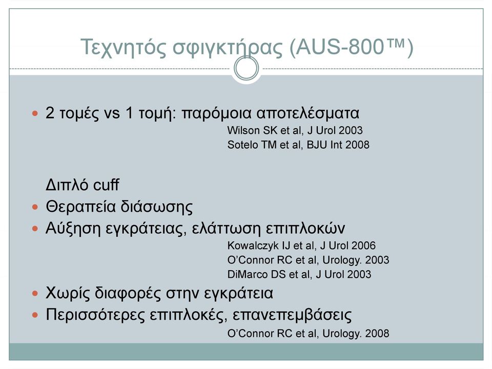 επιπλοκών Kowalczyk IJ et al, J Urol 2006 O Connor RC et al, Urology.