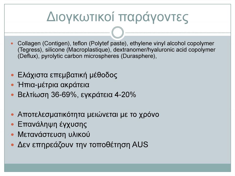 microspheres (Durasphere), Ελάχιστα επεμβατική μέθοδος Ήπια-μέτρια ακράτεια Βελτίωση 36-69%, εγκράτεια