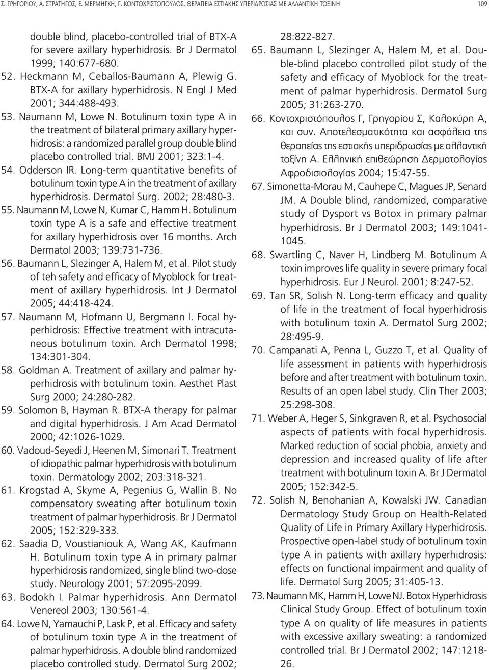 Botulinum toxin type A in the treatment of bilateral primary axillary hyperhidrosis: a randomized parallel group double blind placebo controlled trial. BMJ 2001; 323:1-4. 54. Odderson IR.