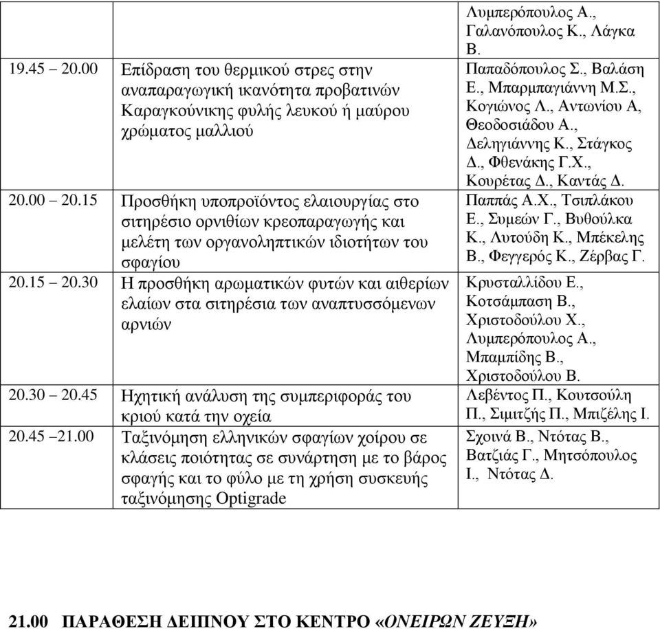 30 Ζ πξνζζήθε αξσκαηηθώλ θπηώλ θαη αηζεξίσλ ειαίσλ ζηα ζηηεξέζηα ησλ αλαπηπζζόκελσλ αξληώλ 20.30 20.45 Ζρεηηθή αλάιπζε ηεο ζπκπεξηθνξάο ηνπ θξηνύ θαηά ηελ νρεία 20.45 21.