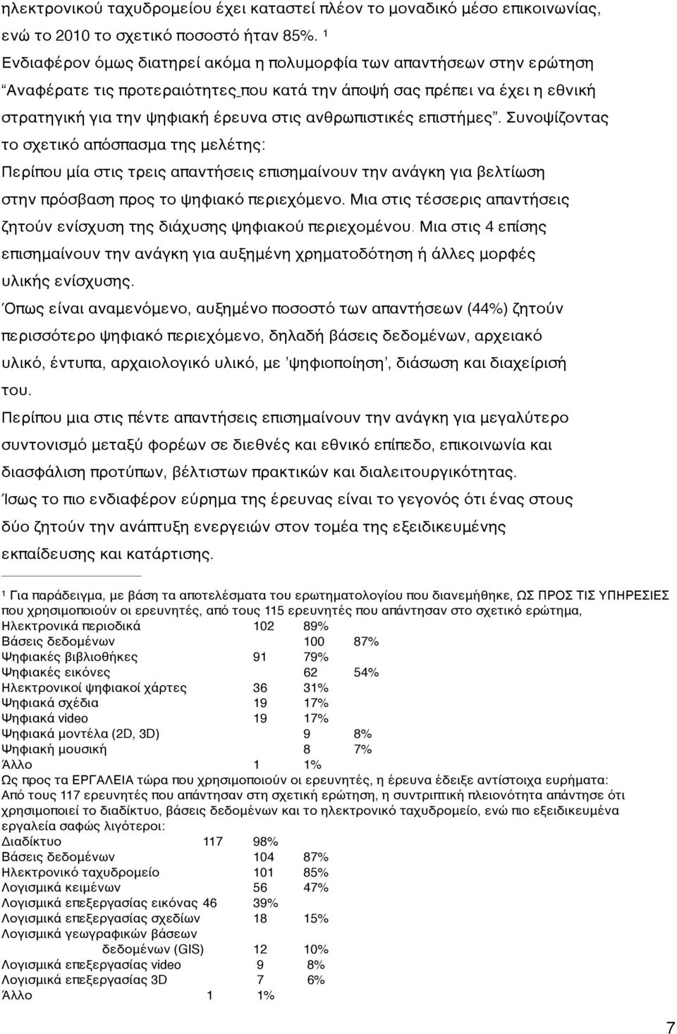 ανθρωπιστικές επιστήμες. Συνοψίζοντας το σχετικό απόσπασμα της μελέτης: Περίπου μία στις τρεις απαντήσεις επισημαίνουν την ανάγκη για βελτίωση στην πρόσβαση προς το ψηφιακό περιεχόμενο.