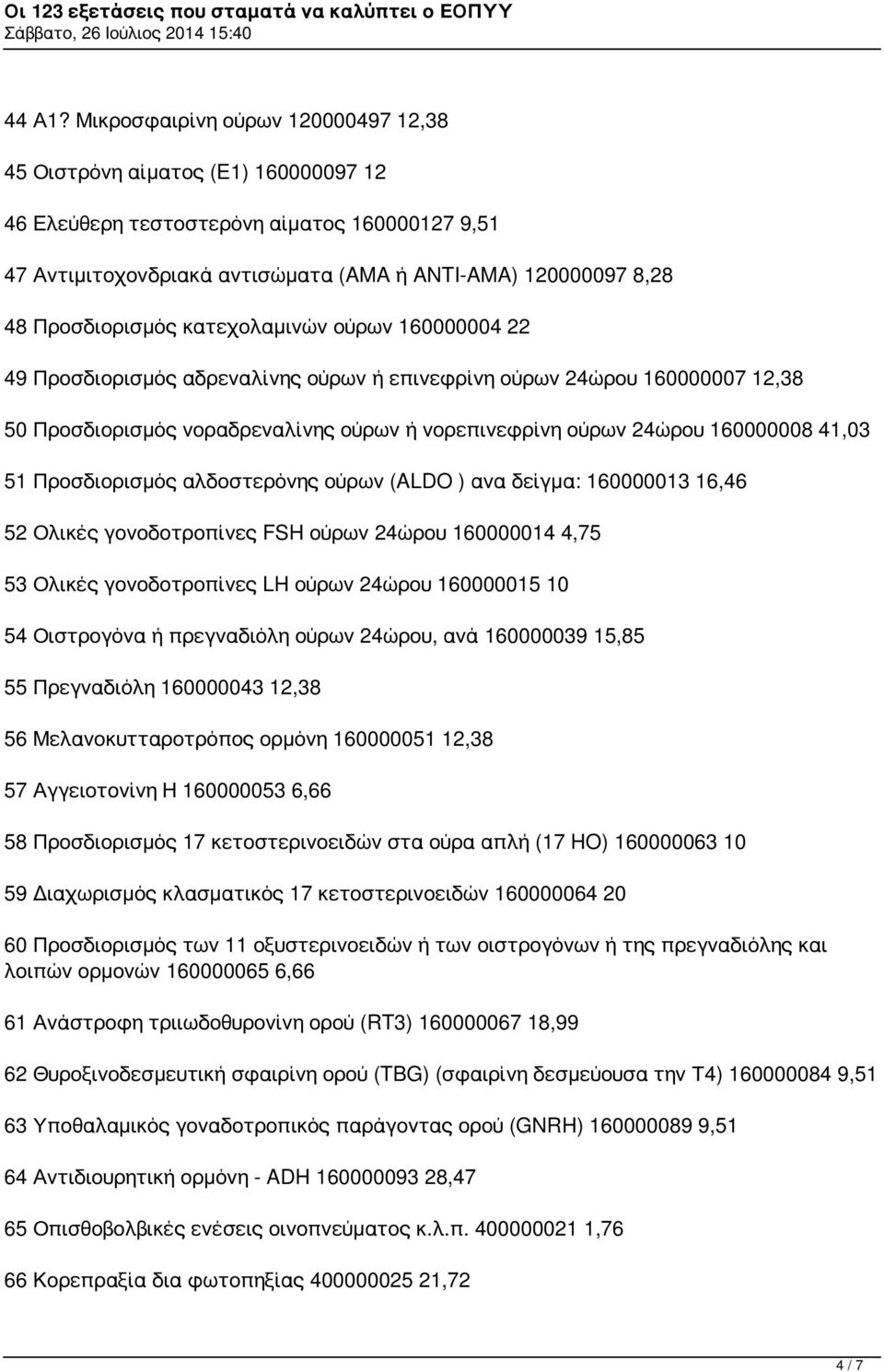 Προσδιορισμός κατεχολαμινών ούρων 160000004 22 49 Προσδιορισμός αδρεναλίνης ούρων ή επινεφρίνη ούρων 24ώρου 160000007 12,38 50 Προσδιορισμός νοραδρεναλίνης ούρων ή νορεπινεφρίνη ούρων 24ώρου