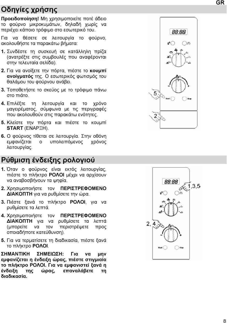 Για να ανοίξετε την πόρτα, πιέστε το κουμπί ανοίγματός της. Ο εσωτερικός φωτισμός του θαλάμου του φούρνου ανάβει. 3. Τοποθετήστε το σκεύος με το τρόφιμο πάνω στο πιάτο. 4.