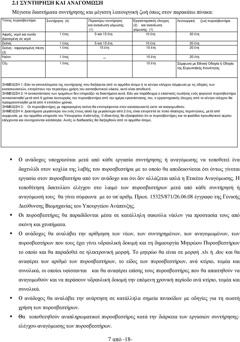 έτος 15 έτη 10 έτη 20 έτη (3) Halon 1 έτος - 10 έτη 20 έτη ζωή πυροσβεστήρα C0 2 1 έτος 10 έτη Σύµφωνα µε Εθνική Οδηγία ή Οδηγία της Ευρωπαϊκής Κοινότητας ΣΗΜΕΙΩΣΗ 1: Εάν τα αποτελέσµατα της