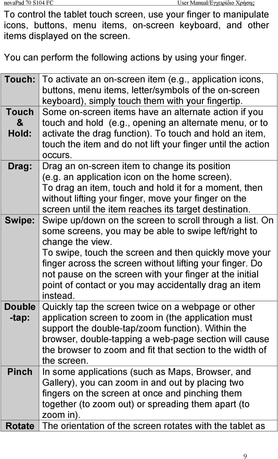 Touch & Hold: Drag: Some on-screen items have an alternate action if you touch and hold (e.g., opening an alternate menu, or to activate the drag function).