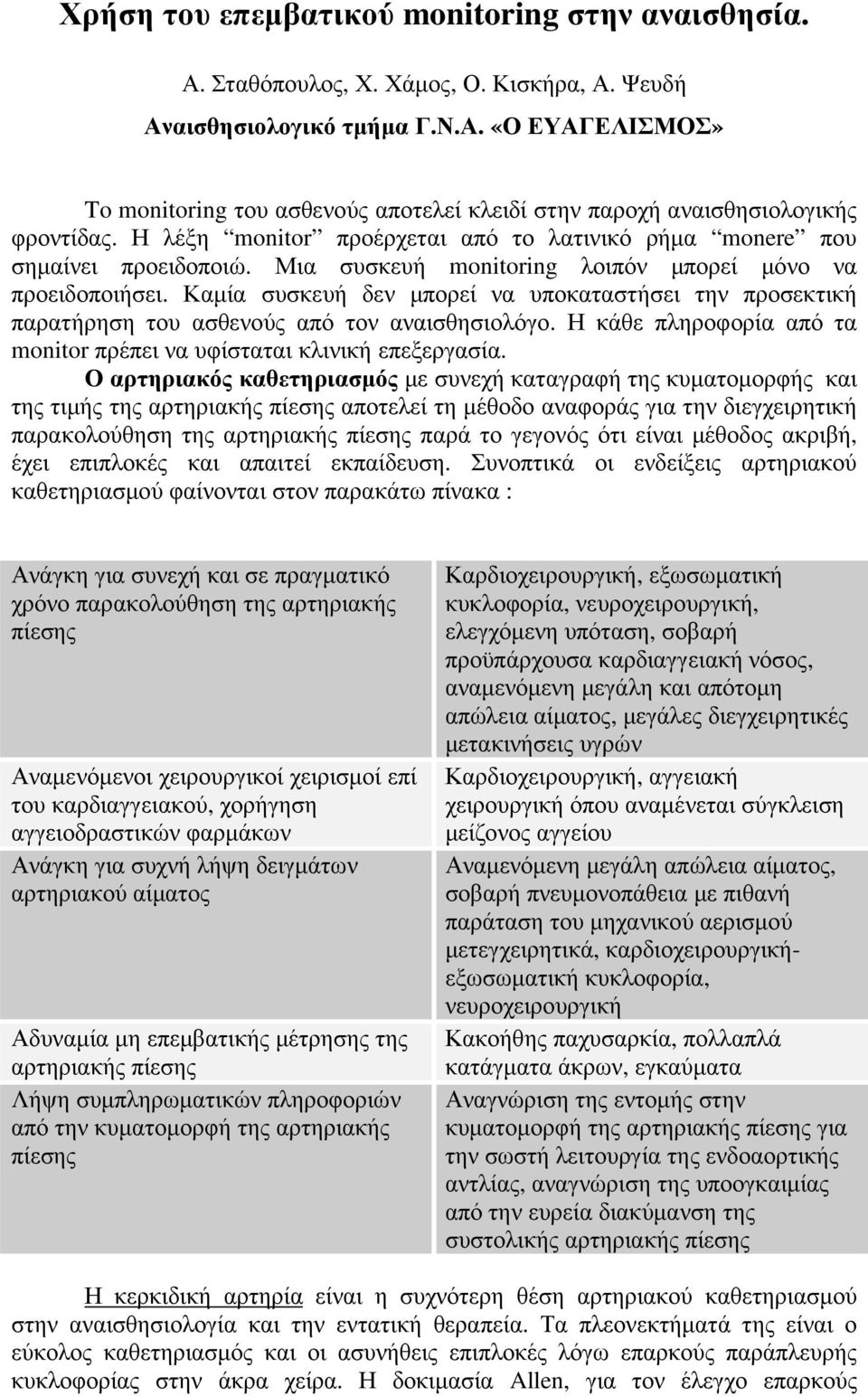 Καµία συσκευή δεν µπορεί να υποκαταστήσει την προσεκτική παρατήρηση του ασθενούς από τον αναισθησιολόγο. Η κάθε πληροφορία από τα monitor πρέπει να υφίσταται κλινική επεξεργασία.