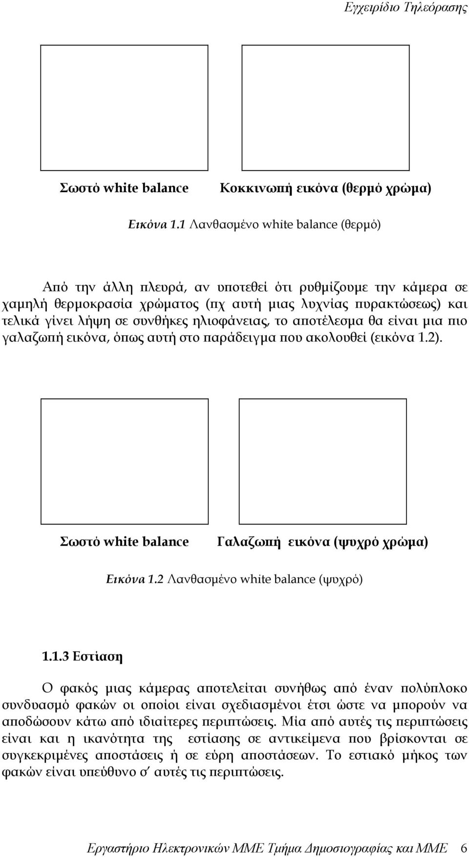 ηλιοφάνειας, το αποτέλεσµα θα είναι µια πιο γαλαζωπή εικόνα, όπως αυτή στο παράδειγµα που ακολουθεί (εικόνα 1.2). Σωστό white balance Γαλαζωπή εικόνα (ψυχρό χρώµα) Εικόνα 1.