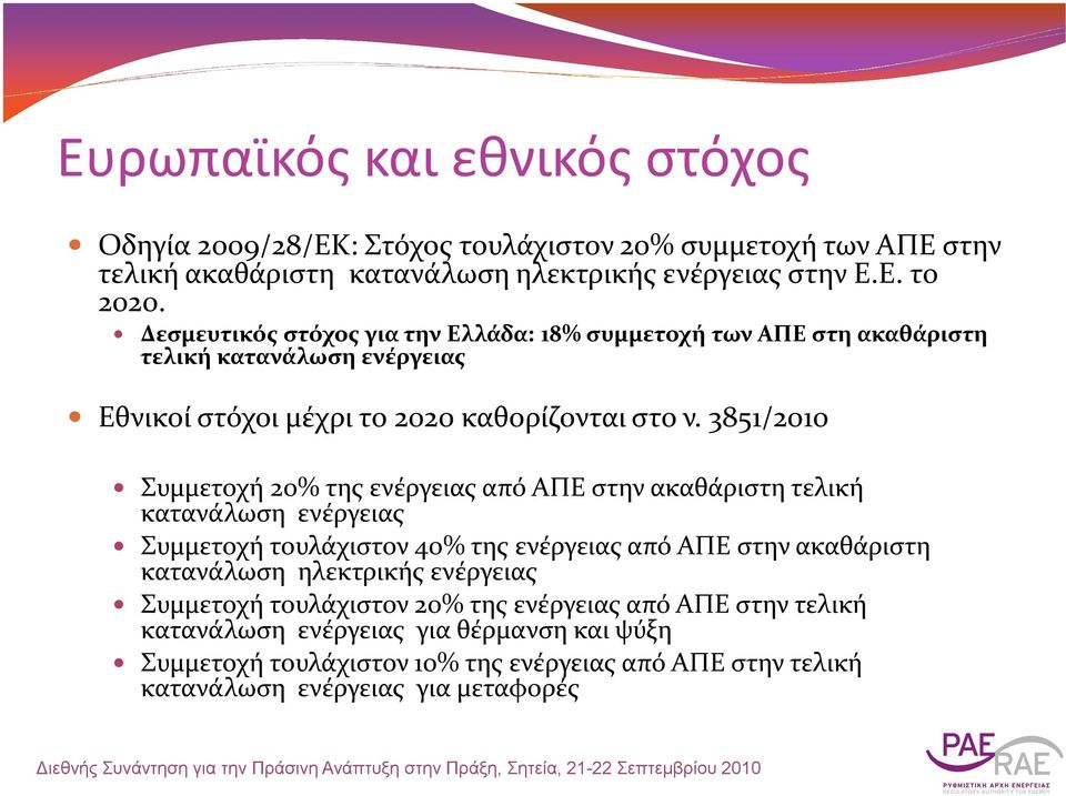 3851/2010 Συμμετοχή 20% της ενέργειας από ΑΠΕ στην ακαθάριστη τελική κατανάλωση ενέργειας Συμμετοχή τουλάχιστον 40% της ενέργειας από ΑΠΕ στην ακαθάριστη κατανάλωση