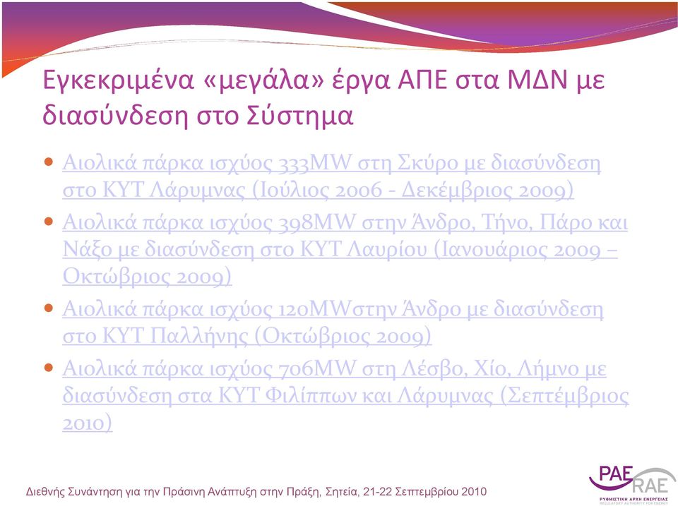 στο ΚΥΤ Λαυρίου (Ιανουάριος 2009 Οκτώβριος 2009) Αιολικά πάρκα ισχύος 120ΜWστην Άνδρο με διασύνδεση στο ΚΥΤ Παλλήνης