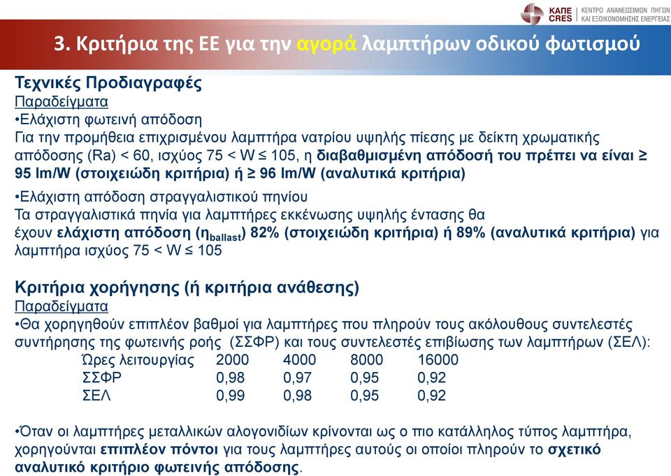 στραγγαλιστικά πηνία για λαμπτήρες εκκένωσης υψηλής έντασης θα έχουν ελάχιστη απόδοση (η ballast ) 82% (στοιχειώδη κριτήρια) ή 89% (αναλυτικά κριτήρια) για λαμπτήρα ισχύος 75 < W 105 Κριτήρια