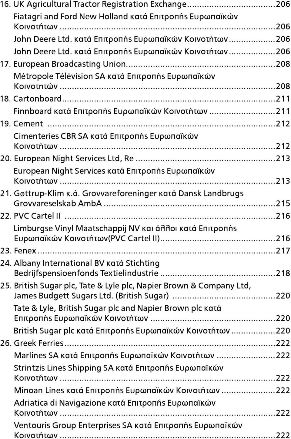 ..212 Cimenteries CBR SA κατά Επιτροπής Ευρωπαϊκών Κοινοτήτων...212 20. European Night Services Ltd, Re...213 European Night Services κατά Επιτροπής Ευρωπαϊκών Κοινοτήτων...213 21. Gøttrup-Klim κ.ά. Grovvareforeninger κατά Dansk Landbrugs Grovvareselskab AmbA.